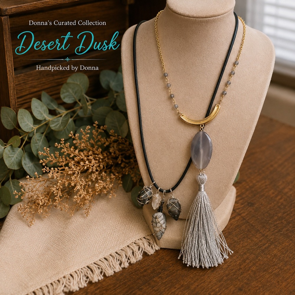 Boho Necklace Set Gray‎ Tassel Wire Wrapped Stone Pendant Layered Jewelry Duo